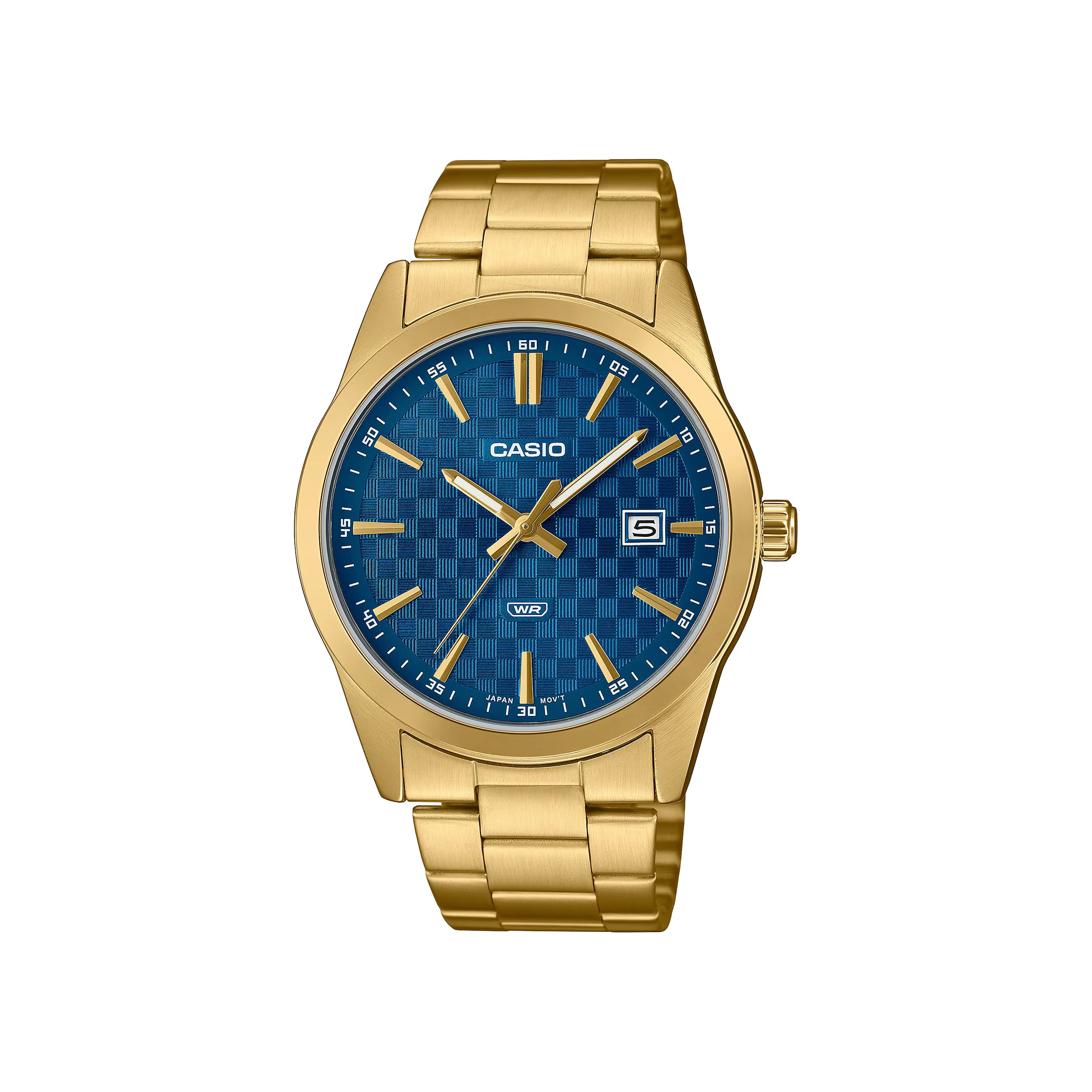 Analog men's watch gold-tone stainless steel bracelet blue dial