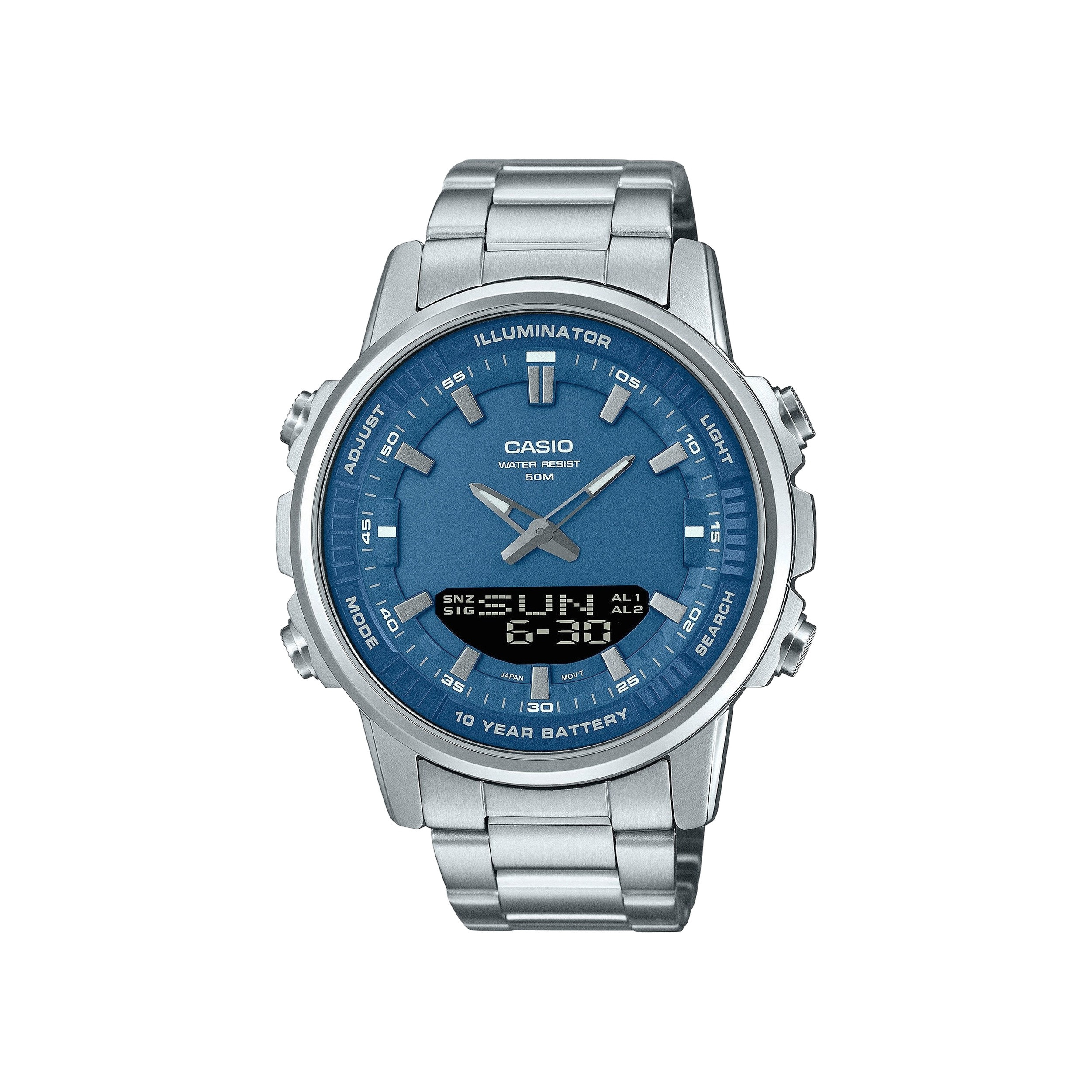 Analog-digital men's watch stainless steel bracelet blue dial